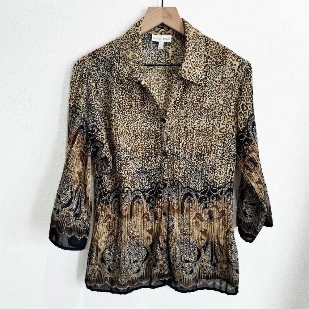 Vtg Fashion Bug Top‎ Womens Large Brown Geometric Fairy Grunge Sparkle Crinkle